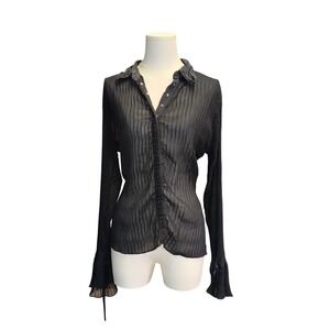 European Sheer Black Pleated Button Down Shirt Flared Ribbon Cuff Top Small